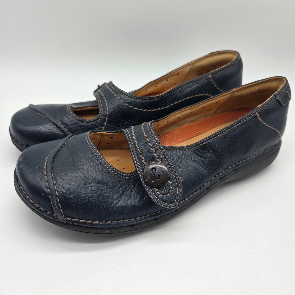 Clarks Unstructured Mary Jane Womens 7.5W Navy Blue Leather Comfort Flats 85176